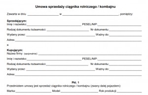 Umowa kupna sprzedaży ciągnika rolniczego lub kombajnu